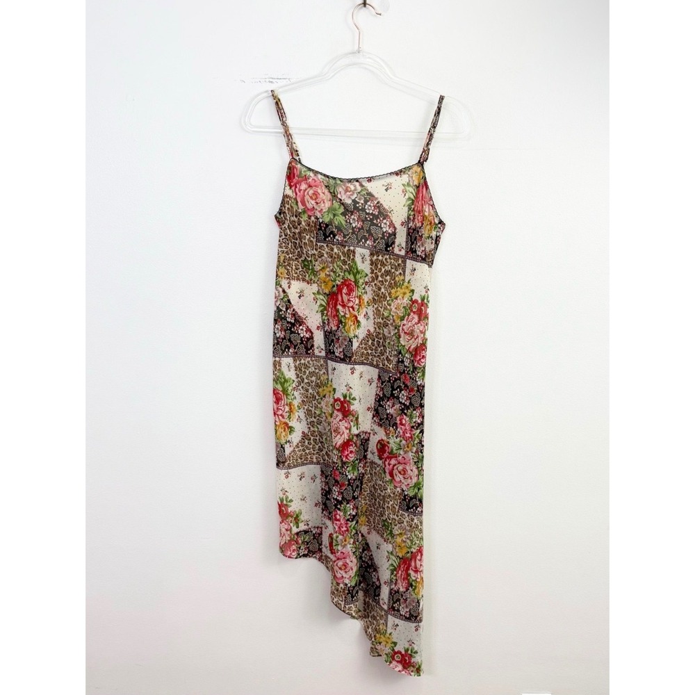 Vintage Natori Patchwork Floral Leopard Slip Dress Asymmetrical Hem Small Y2K